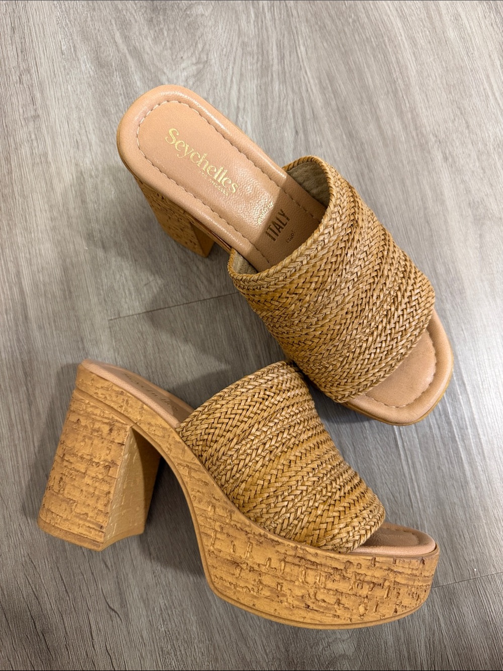 Seychelles Woven Tan Platform Mule Heels